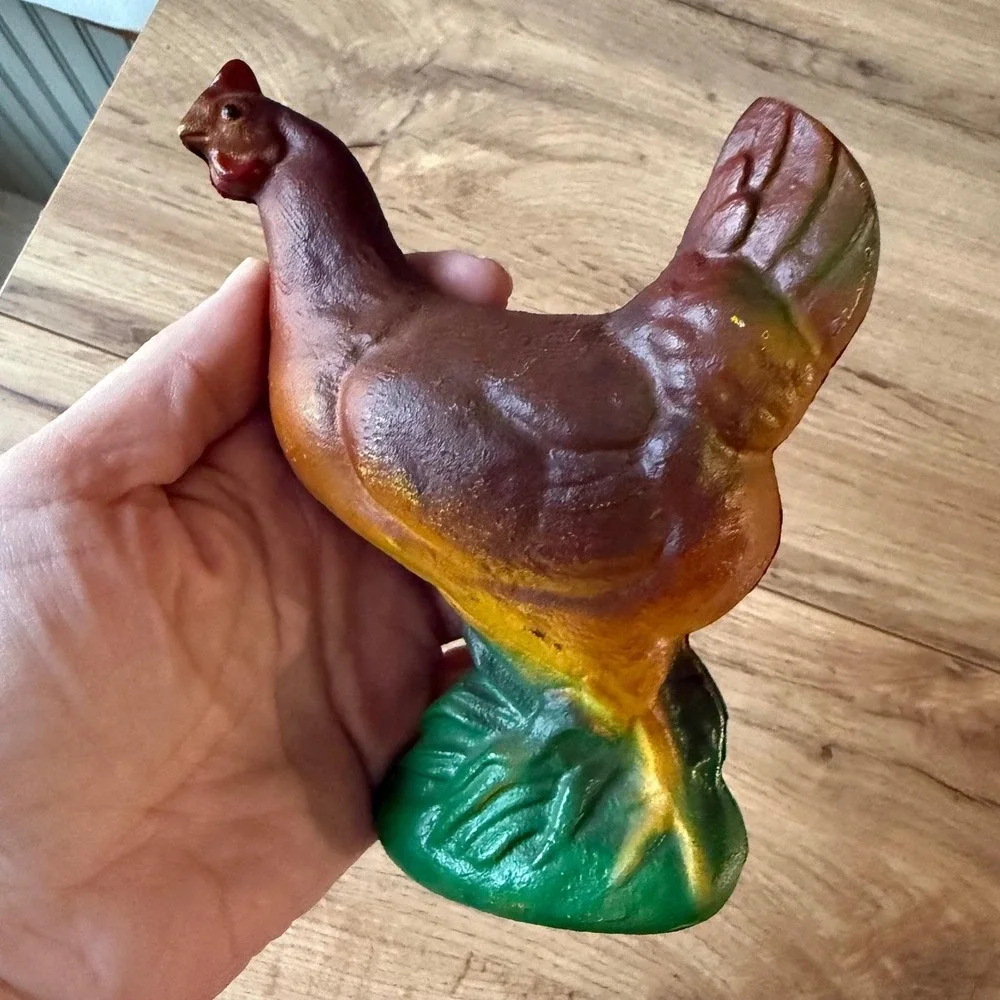 Vintage Cast Iron Hen Chicken Coin Bank Farmhouse Decor Brown Green 5.5